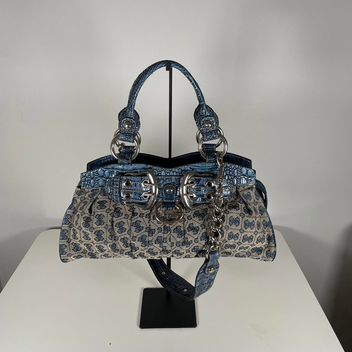 Guess Blue Monogram Snakeskin Convertible Shoulder Bag