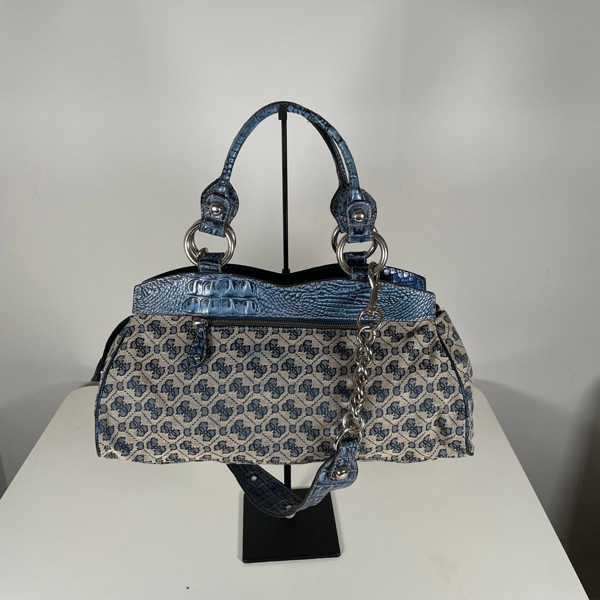 Guess Blue Monogram Snakeskin Convertible Shoulder Bag