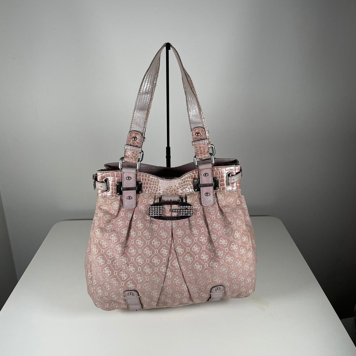 Vintage Y2K Guess Pink Monogram Gemstone Shoulder Bag