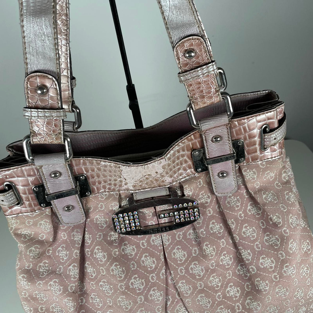 Vintage Y2K Guess Pink Monogram Gemstone Shoulder Bag