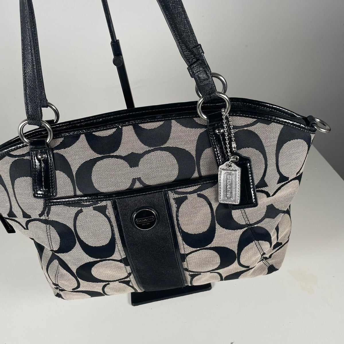 Coach Grey and Black Signature Striped Tote Bag A1359-F21899