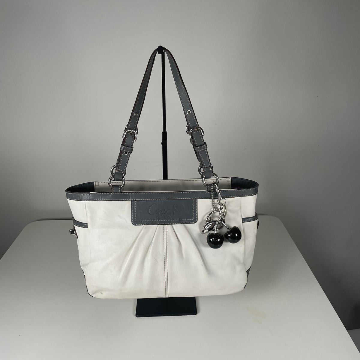 Coach White Leather East West Shoulder Bag with Blue Trim K0960-F13759