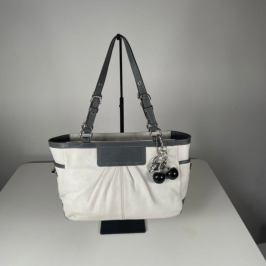 Coach White Leather East West Shoulder Bag with Blue Trim K0960-F13759