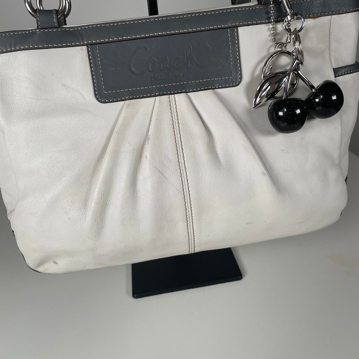 Coach White Leather East West Shoulder Bag with Blue Trim K0960-F13759