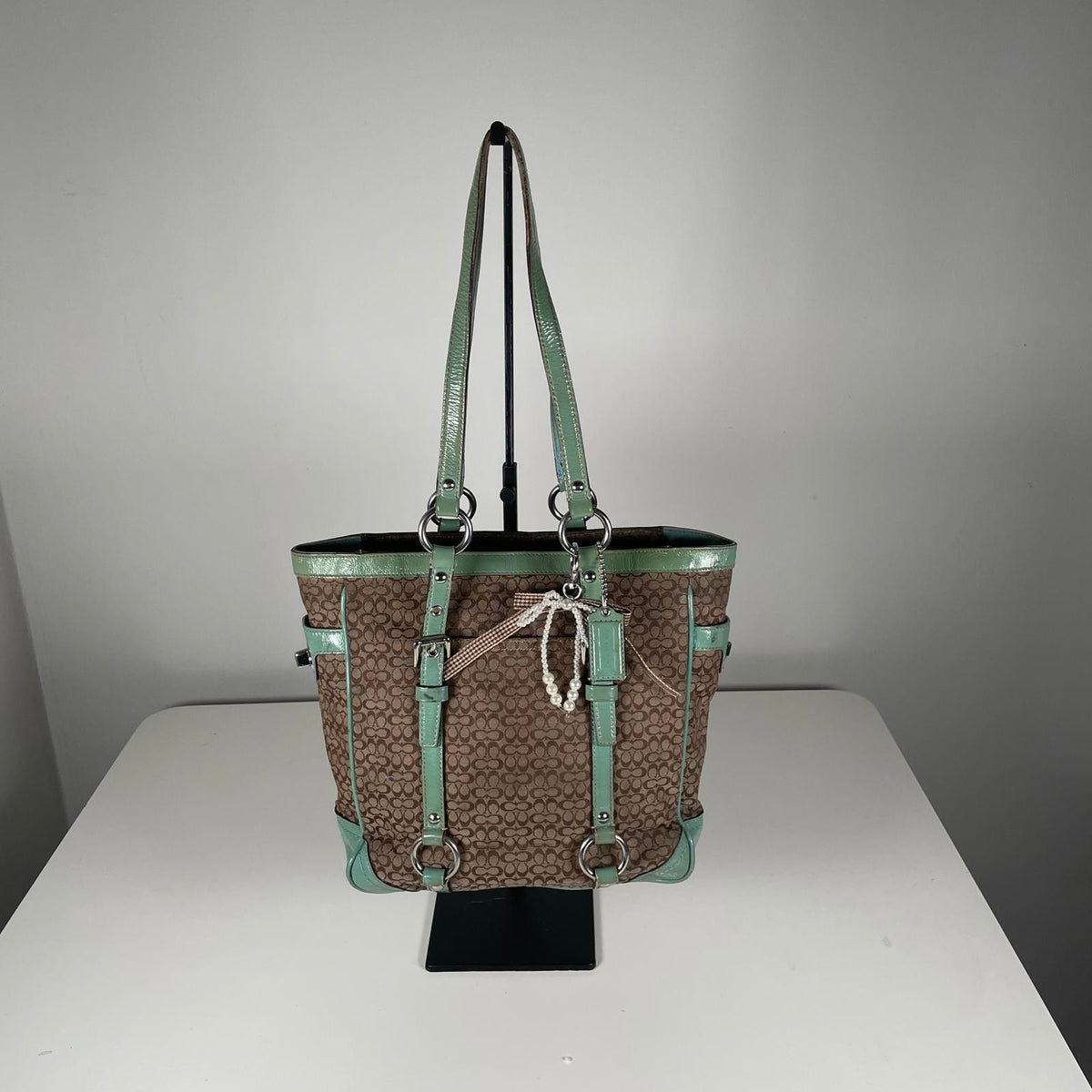 Coach Signature Monogram Patent Leather Gallery Tote Bag Brown Beige D0949-F12344