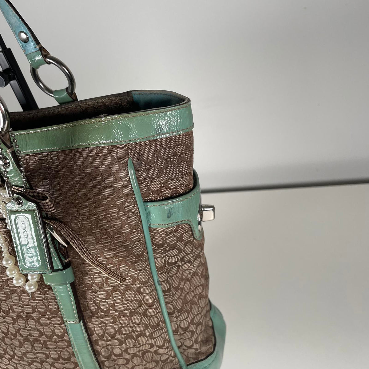 Coach Signature Monogram Patent Leather Gallery Tote Bag Brown Beige D0949-F12344