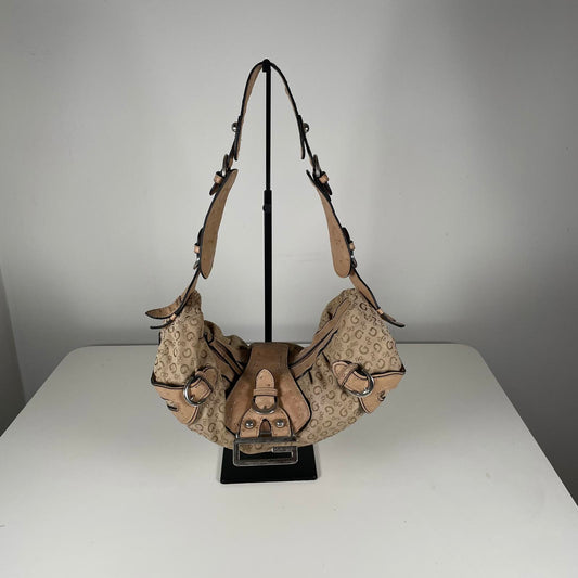 Guess Beige and Brown Monogram Slouch Hobo Shoulder Bag