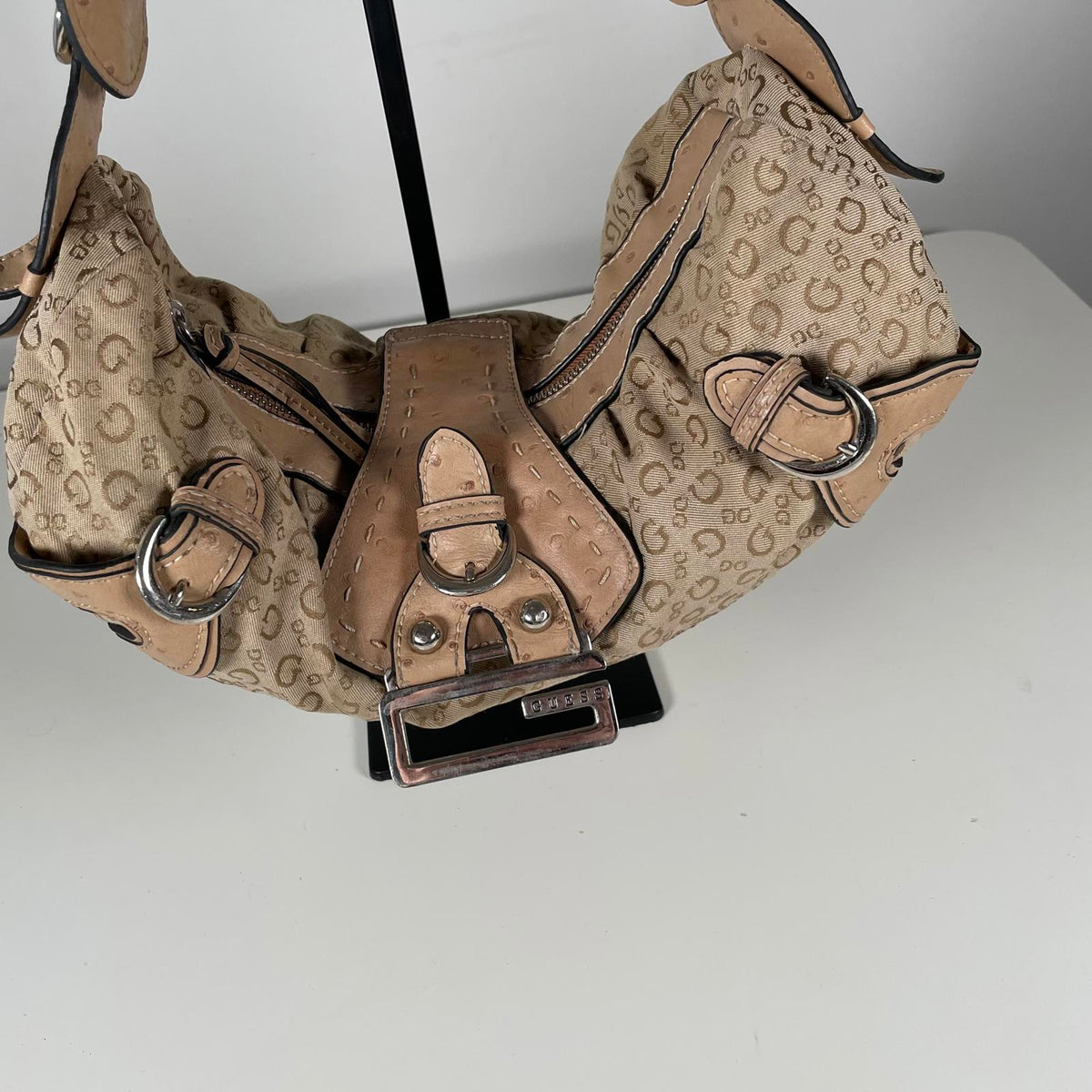 Guess Beige and Brown Monogram Slouch Hobo Shoulder Bag