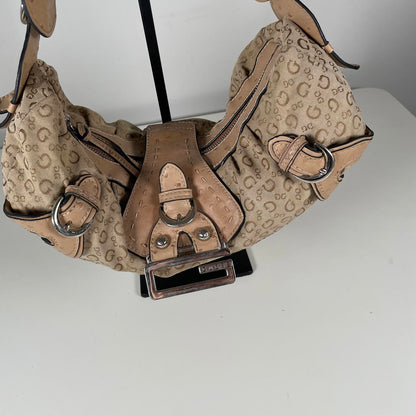 Guess Beige and Brown Monogram Slouch Hobo Shoulder Bag