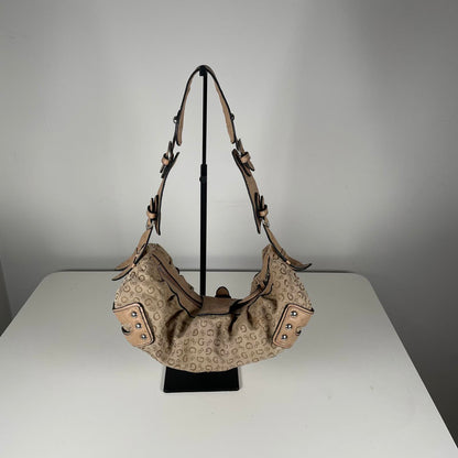 Guess Beige and Brown Monogram Slouch Hobo Shoulder Bag