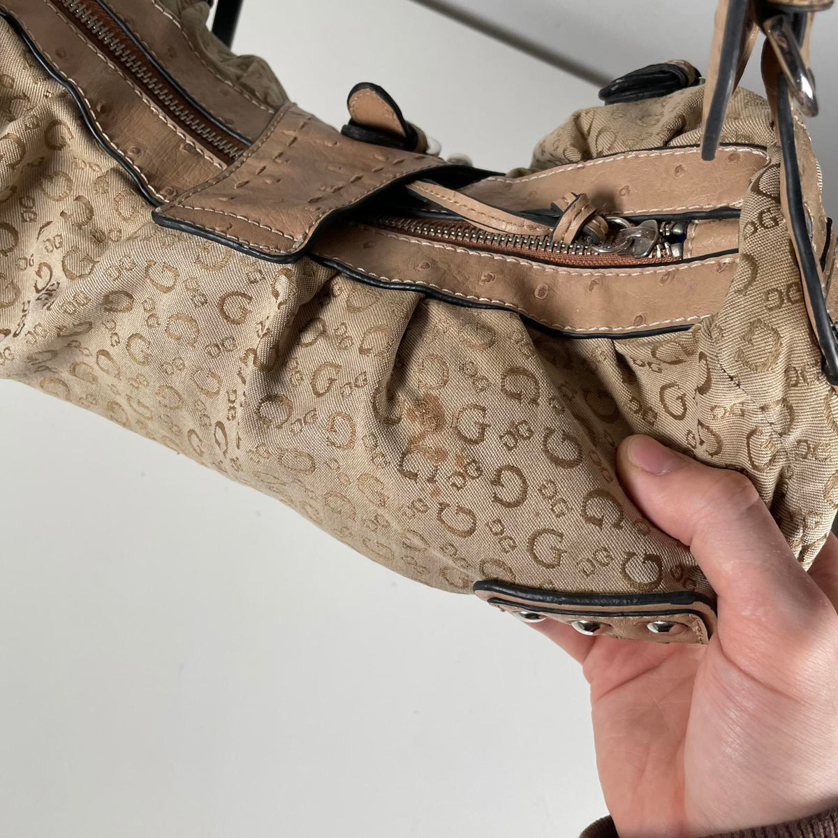 Guess Beige and Brown Monogram Slouch Hobo Shoulder Bag