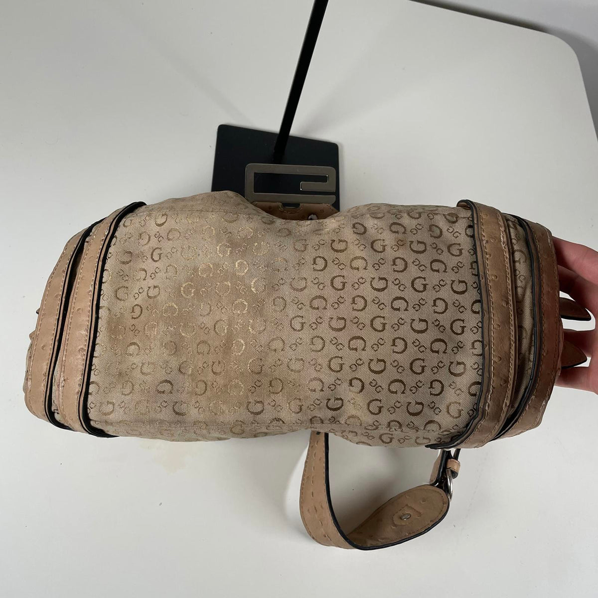 Guess Beige and Brown Monogram Slouch Hobo Shoulder Bag