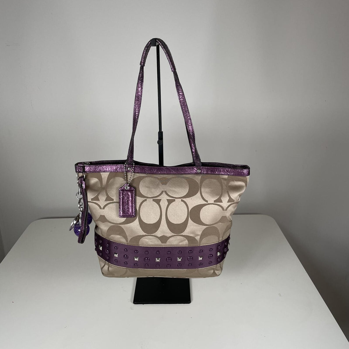 Vintage Y2K Coach SignatureStripe Studded Shoulder Bag Beige Purple F1120-F17567