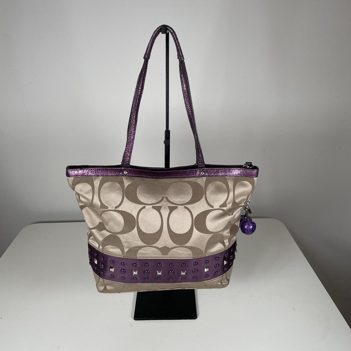 Vintage Y2K Coach SignatureStripe Studded Shoulder Bag Beige Purple F1120-F17567