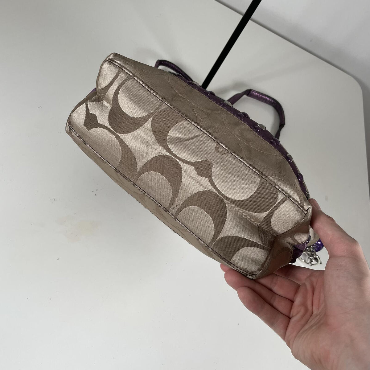 Vintage Y2K Coach SignatureStripe Studded Shoulder Bag Beige Purple F1120-F17567