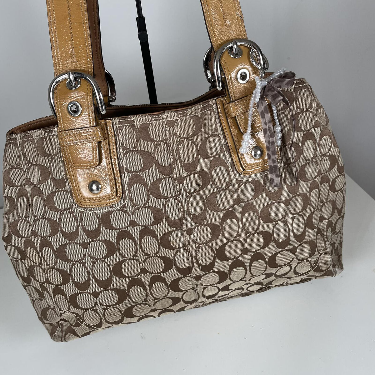 Coach Signature Monogram Canvas Shoulder Bag Leather Buckle Beige A0993-F13118