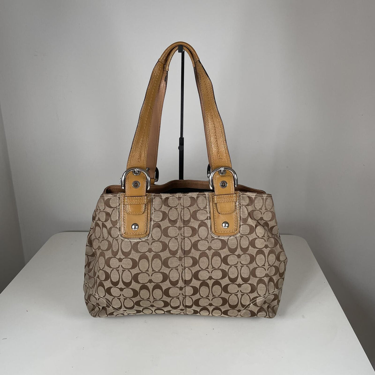 Coach Signature Monogram Canvas Shoulder Bag Leather Buckle Beige A0993-F13118
