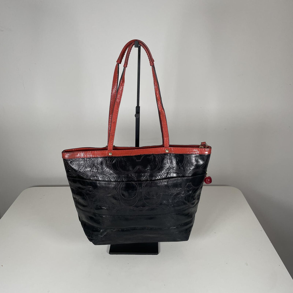 Coach Black Patent Leather Shoulder Bag Red Trim  L1295-F19198