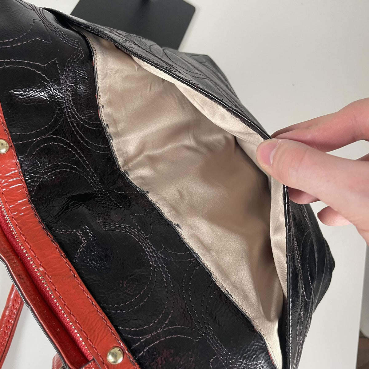 Coach Black Patent Leather Shoulder Bag Red Trim  L1295-F19198