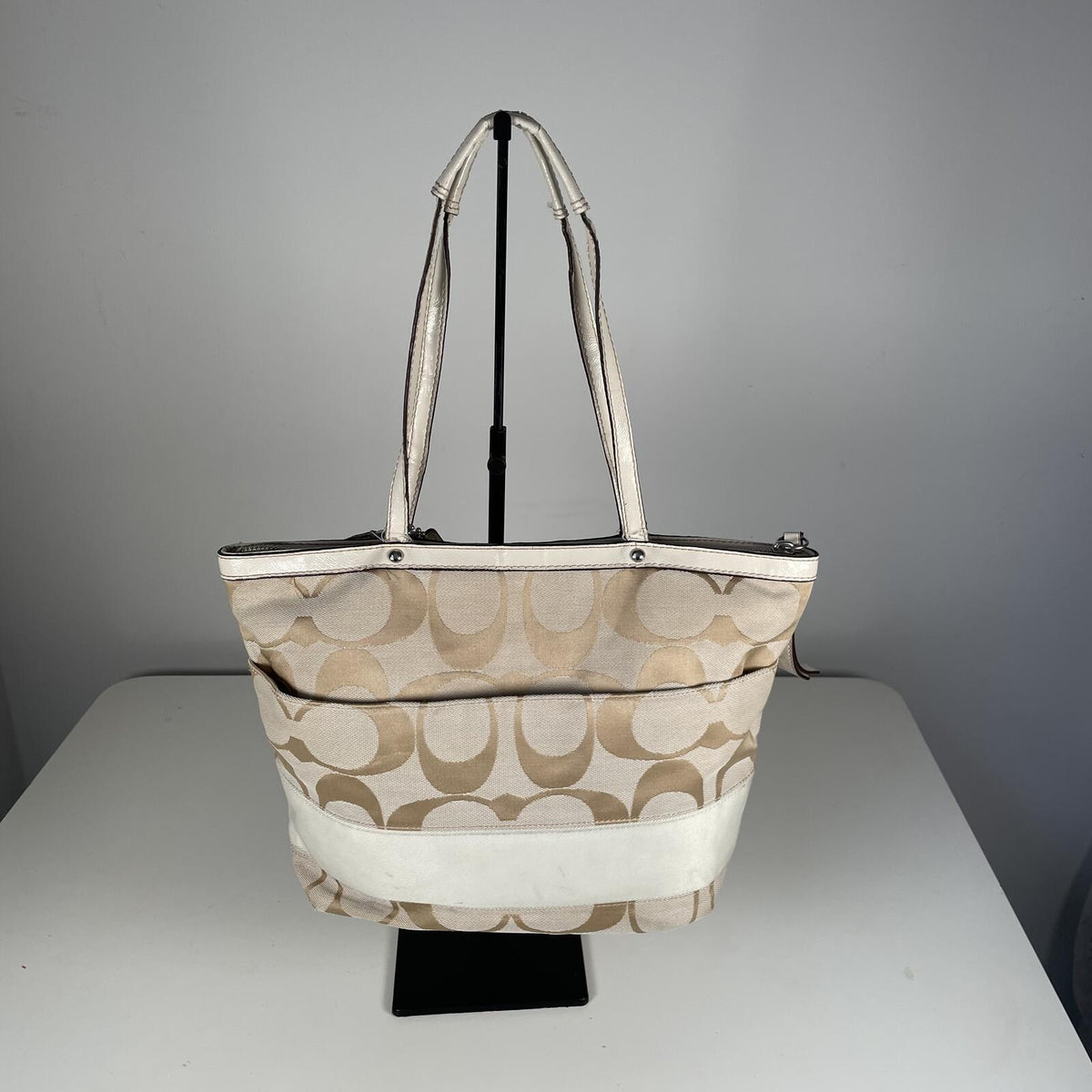 Coach Beige Signature Monogram Tote Shoulder Bag Handbag Purse Y2K K1281-F19046