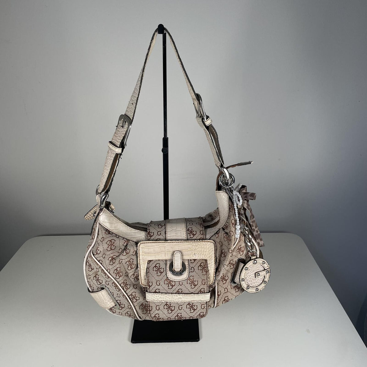 Guess Beige Monogram Buckle Slouch Shoulder Bag Handbag Purse