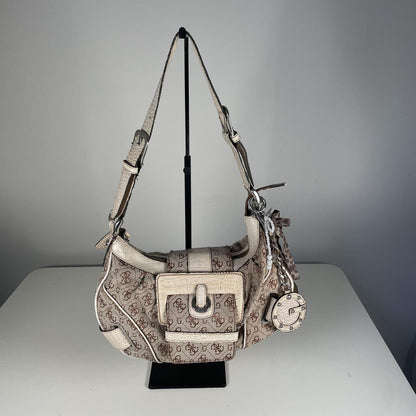 Guess Beige Monogram Buckle Slouch Shoulder Bag Handbag Purse