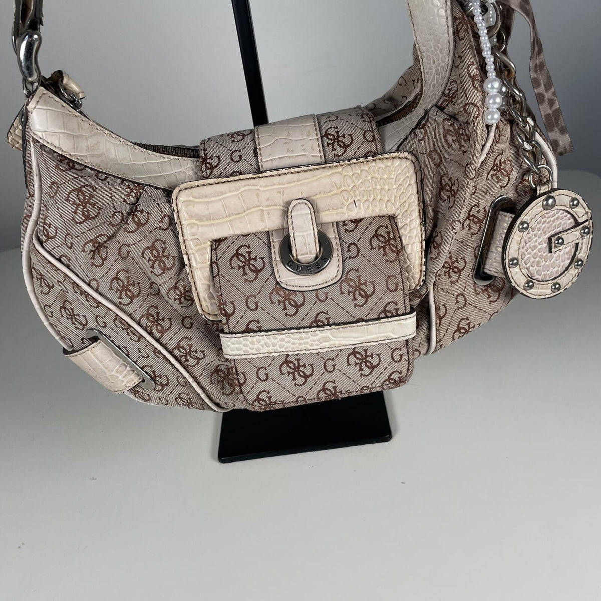 Guess Beige Monogram Buckle Slouch Shoulder Bag Handbag Purse