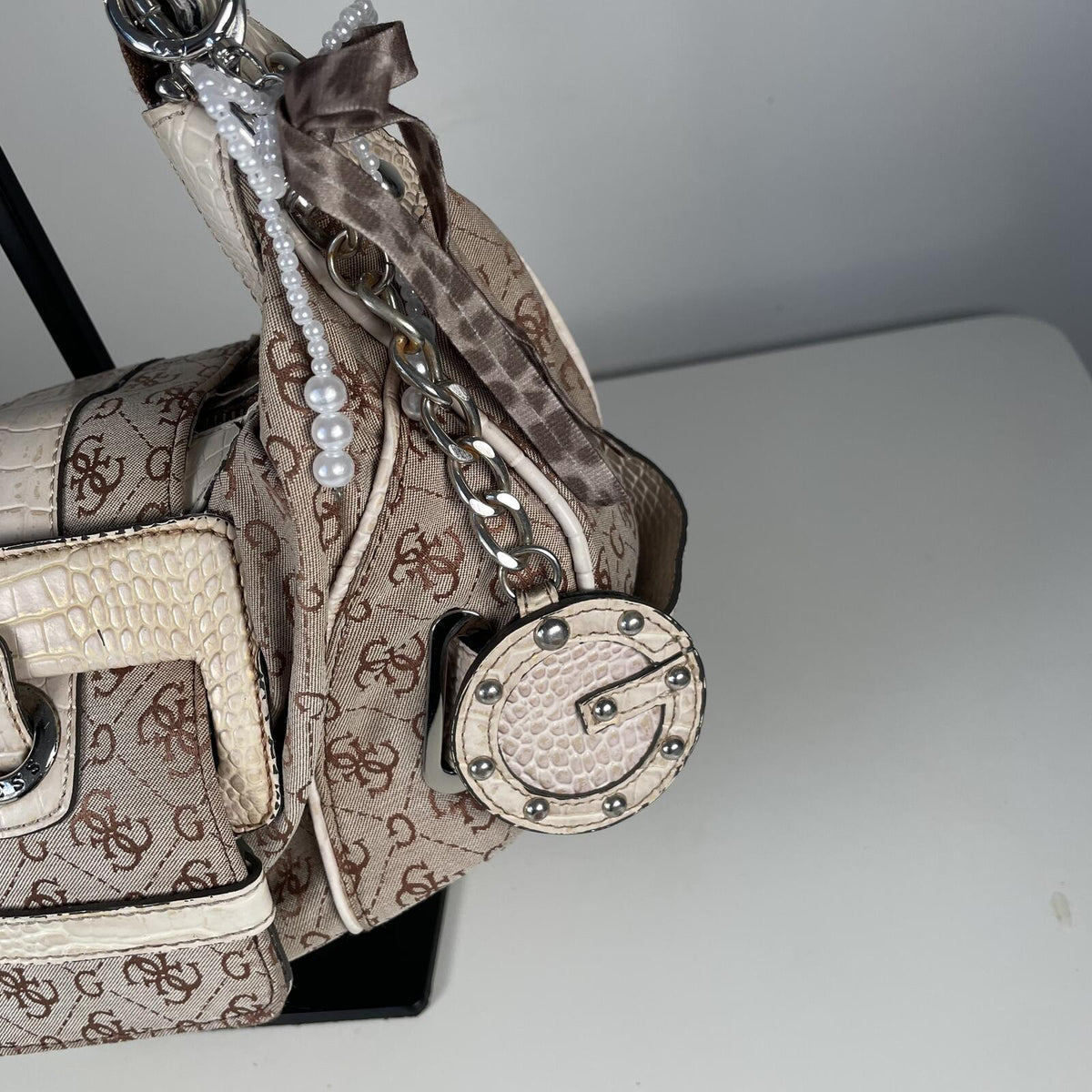 Guess Beige Monogram Buckle Slouch Shoulder Bag Handbag Purse
