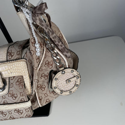 Guess Beige Monogram Buckle Slouch Shoulder Bag Handbag Purse