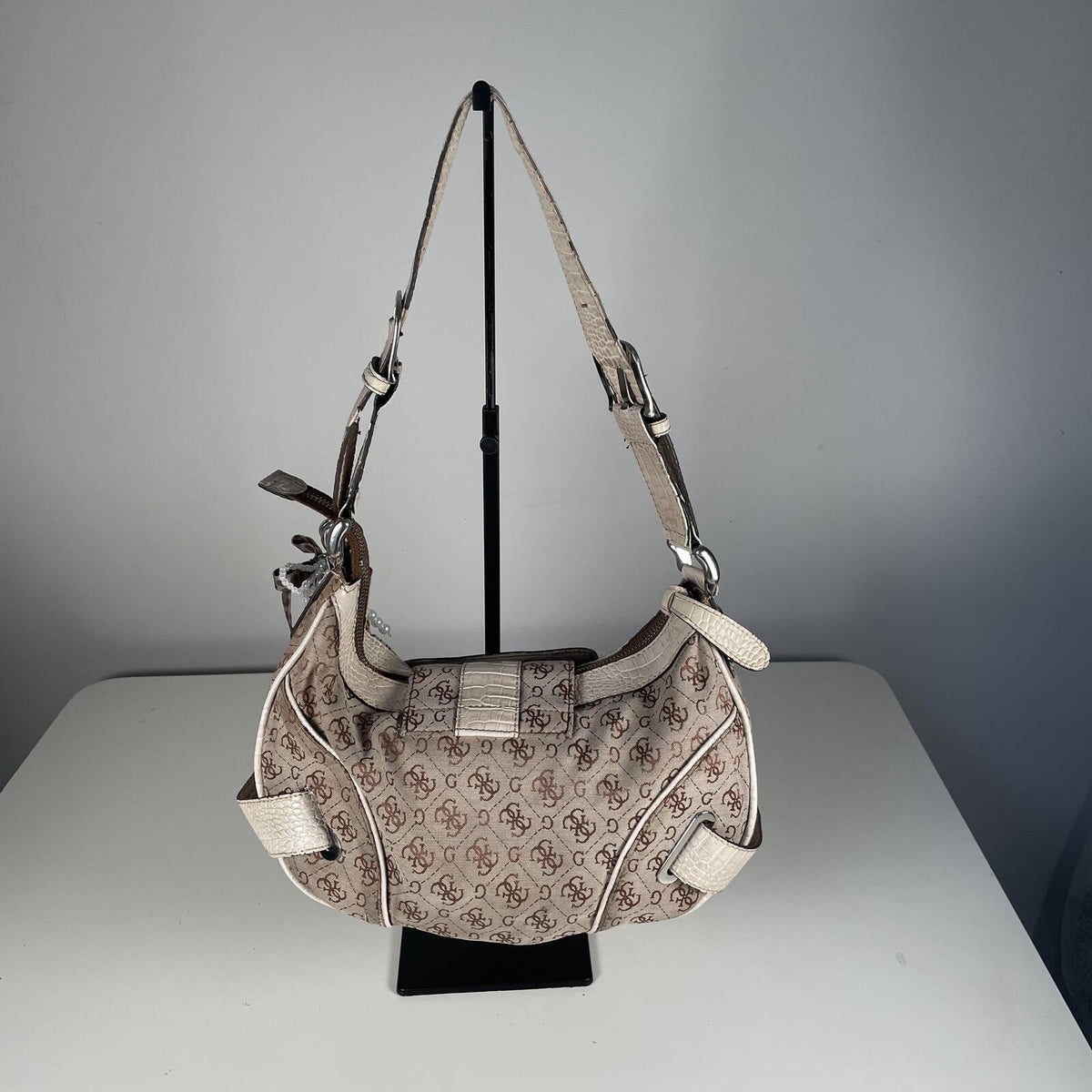 Guess Beige Monogram Buckle Slouch Shoulder Bag Handbag Purse