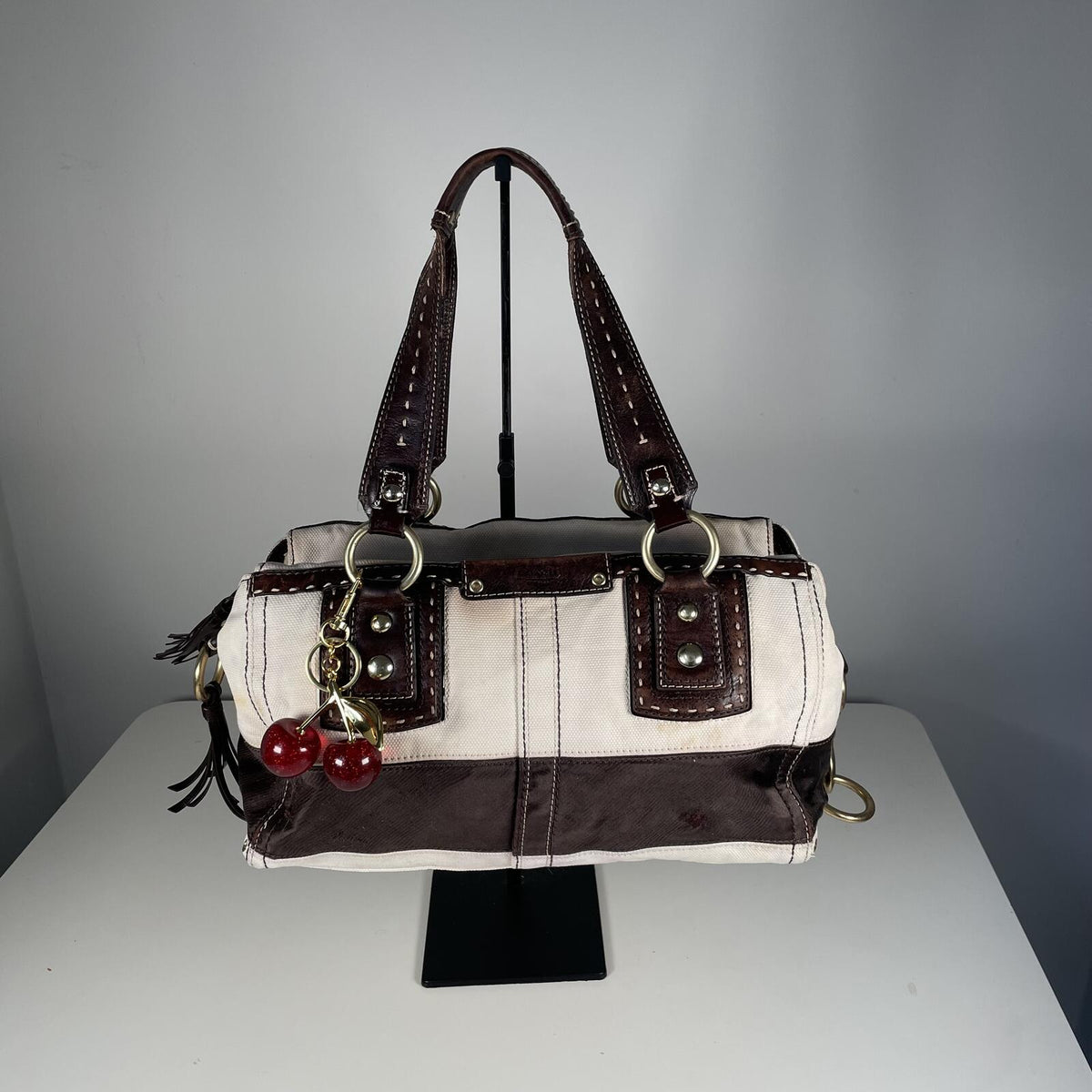 Coach Mahogany Beige Canvas Leather Shoulder Bag Gold Hardware Y2K L0669-10369
