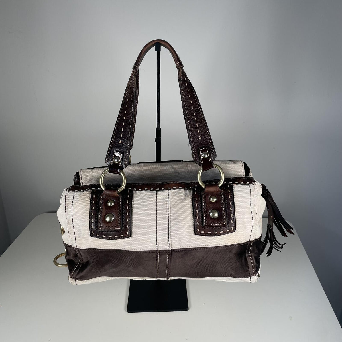 Coach Mahogany Beige Canvas Leather Shoulder Bag Gold Hardware Y2K L0669-10369