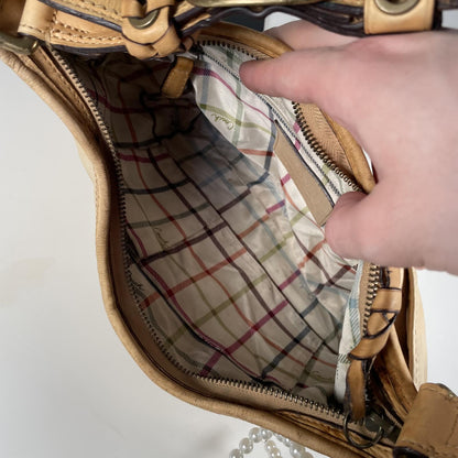 Coach Beige Leather Shoulder Bag Plaid Lining J0769-11416