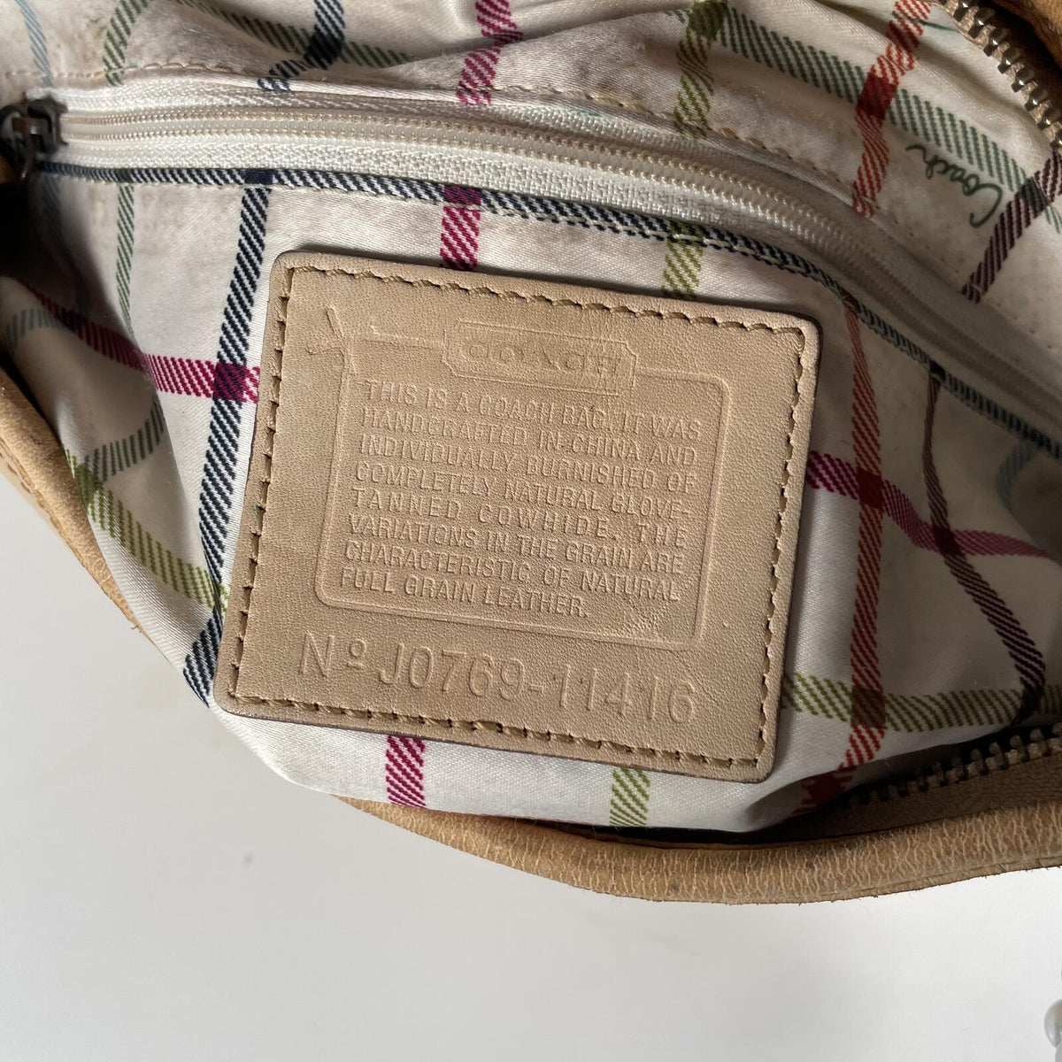 Coach Beige Leather Shoulder Bag Plaid Lining J0769-11416