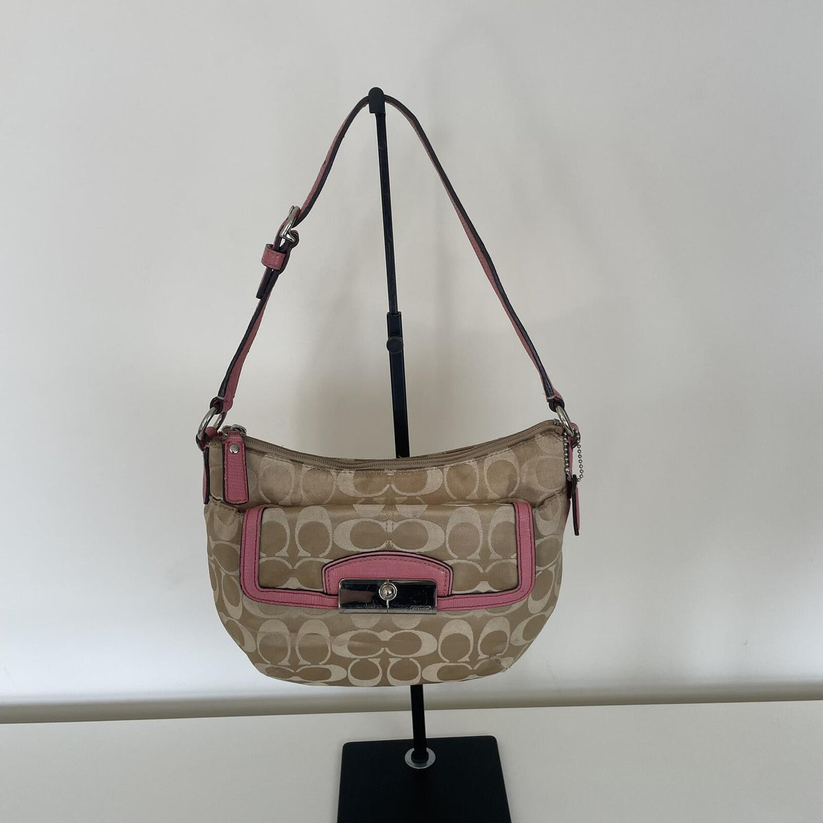 Coach Beige Signature Monogram Shoulder Bag with Pink Accents
