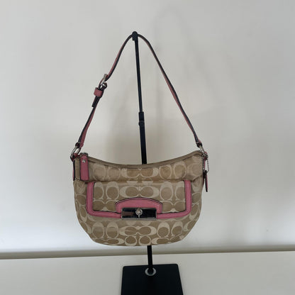 Coach Beige Signature Monogram Shoulder Bag with Pink Accents