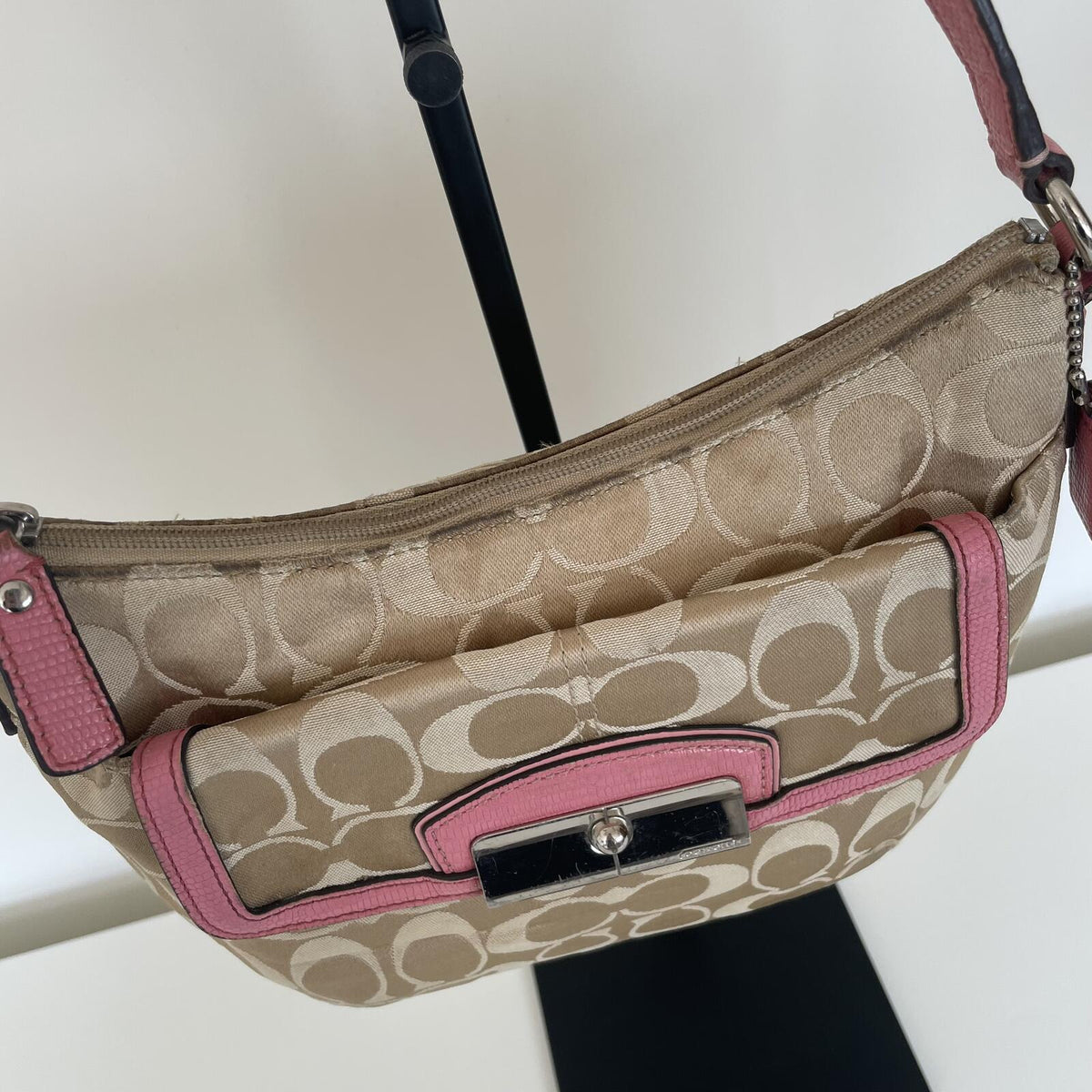 Coach Beige Signature Monogram Shoulder Bag with Pink Accents