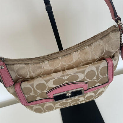 Coach Beige Signature Monogram Shoulder Bag with Pink Accents