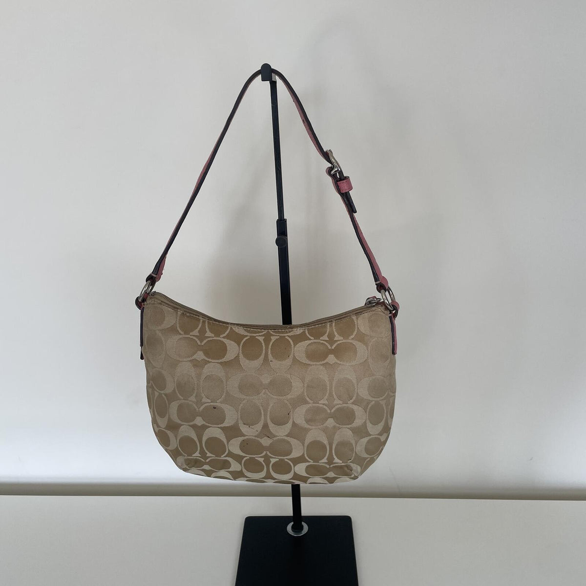 Coach Beige Signature Monogram Shoulder Bag with Pink Accents