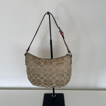 Coach Beige Signature Monogram Shoulder Bag with Pink Accents