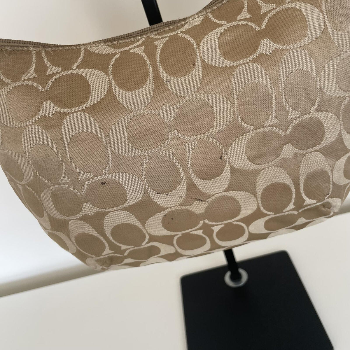 Coach Beige Signature Monogram Shoulder Bag with Pink Accents