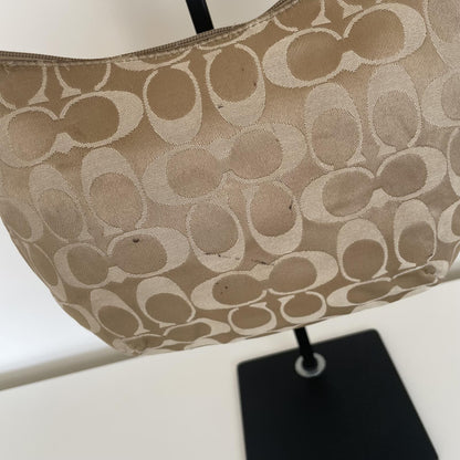 Coach Beige Signature Monogram Shoulder Bag with Pink Accents