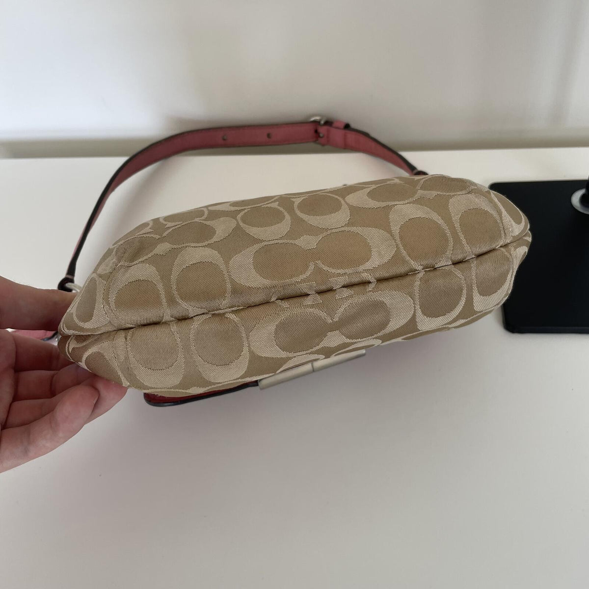 Coach Beige Signature Monogram Shoulder Bag with Pink Accents
