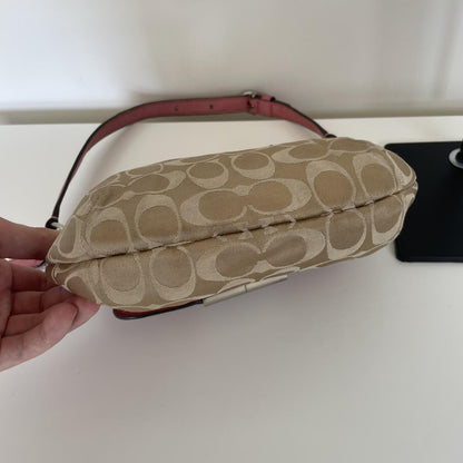 Coach Beige Signature Monogram Shoulder Bag with Pink Accents