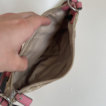 Coach Beige Signature Monogram Shoulder Bag with Pink Accents