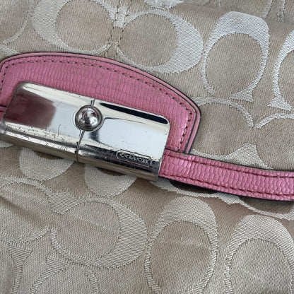 Coach Beige Signature Monogram Shoulder Bag with Pink Accents