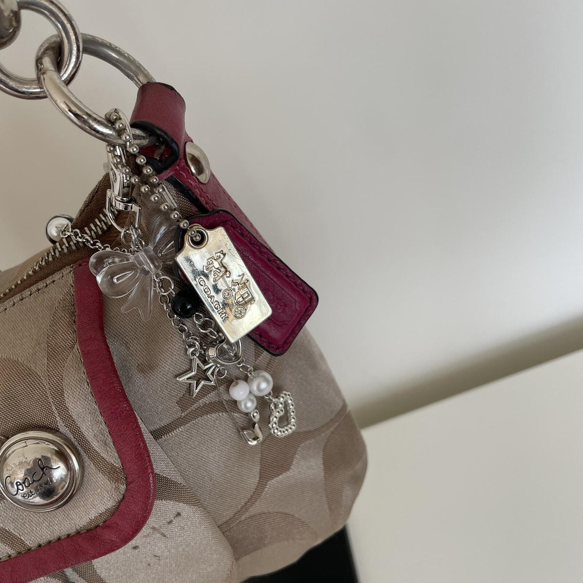 Coach Beige and Pink Poppy Signature Sateen Shoulder Bag K069-13141