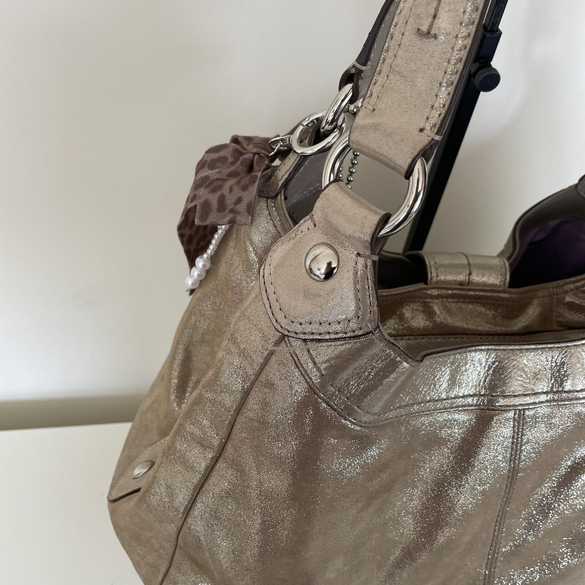 Coach Gold/Silver Glitter 3-Compartment Silver Buckle Shoulder Bag A1176-F15075