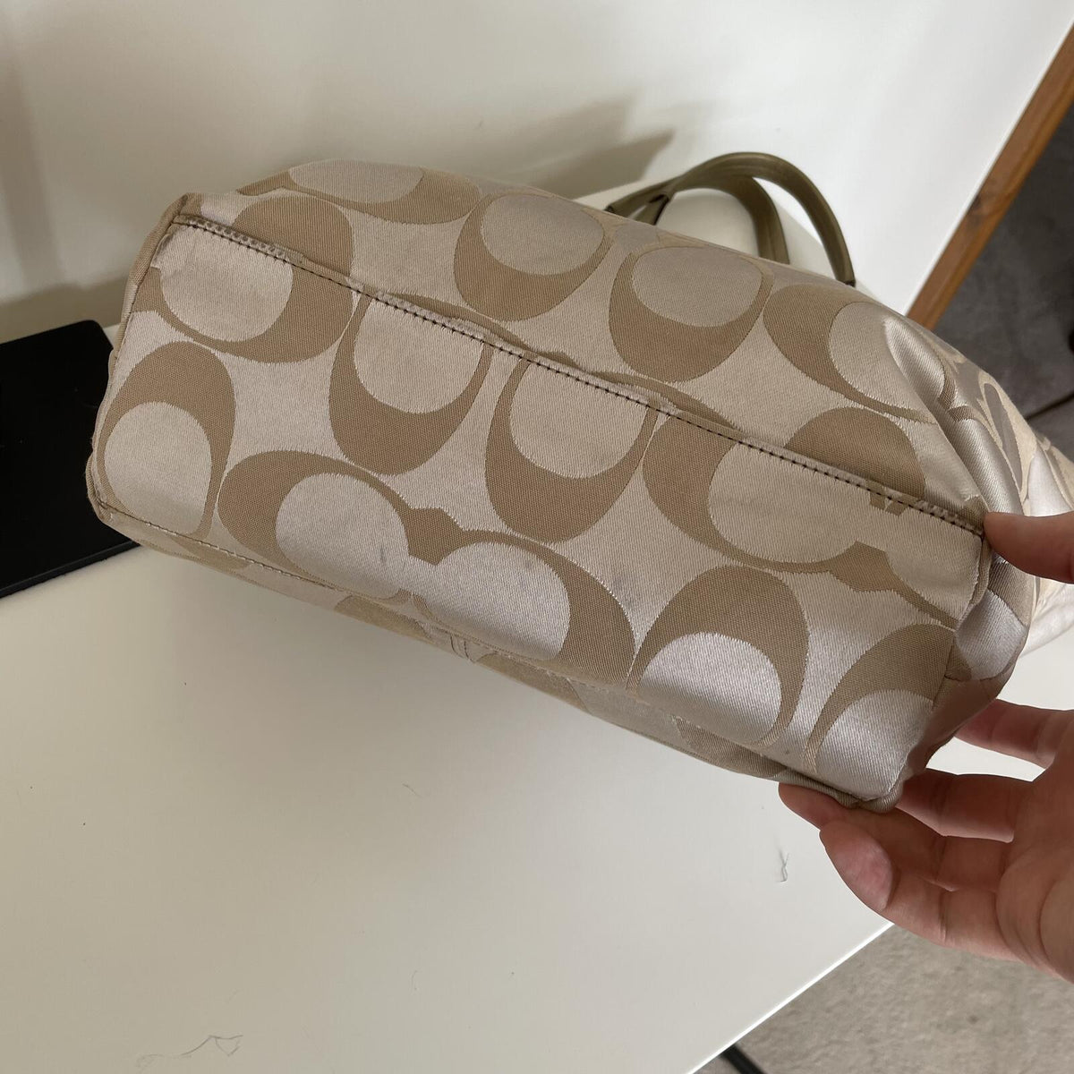 Coach Beige Laura Signature Sateen Tote Shoulder Bag M1075-F16175