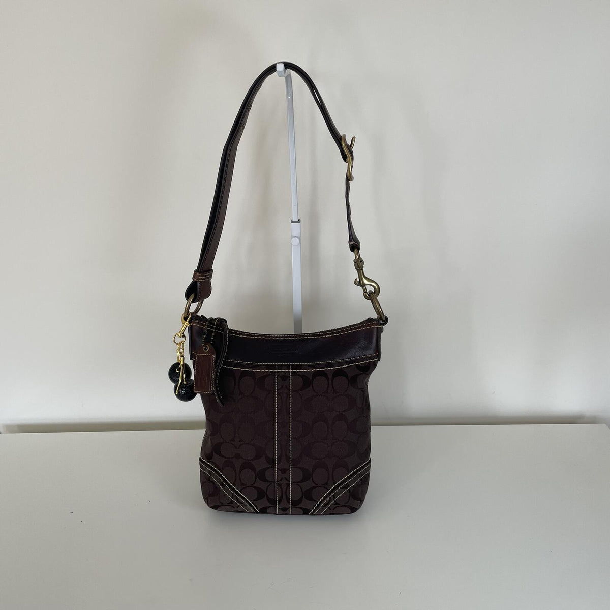 Coach Chocolate Brown Signature Monogram Convertible Shoulder Bucket Bag F061-10402
